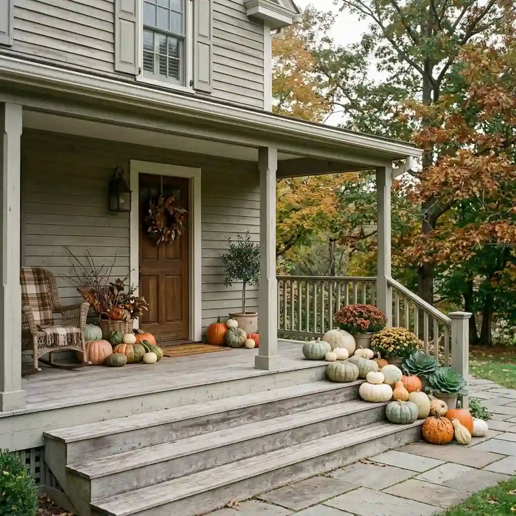 Wide view of a front porch styled with pumpkins in two separate groups by the door and steps