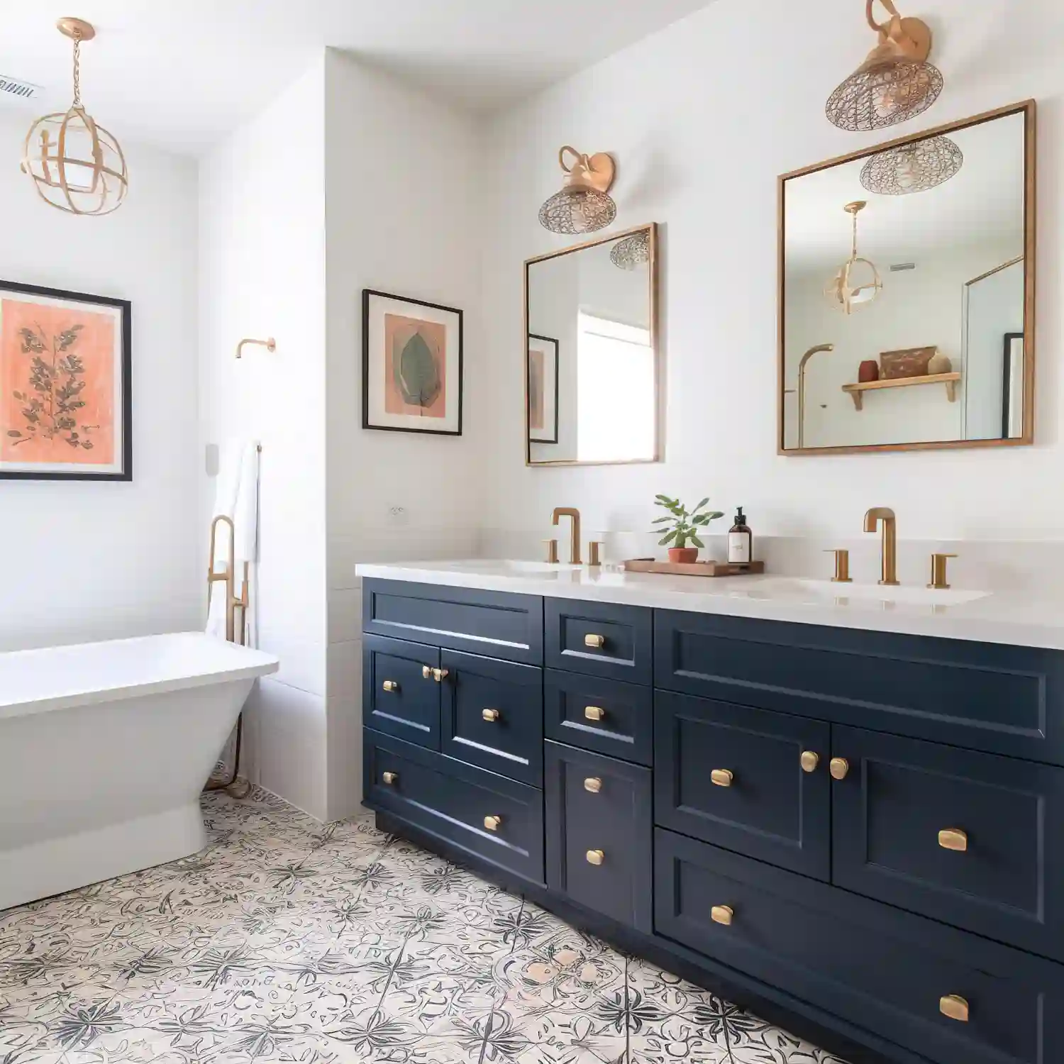 Floating vanity beside a furniture-style wood vanity showing two popular bathroom vanity ideas