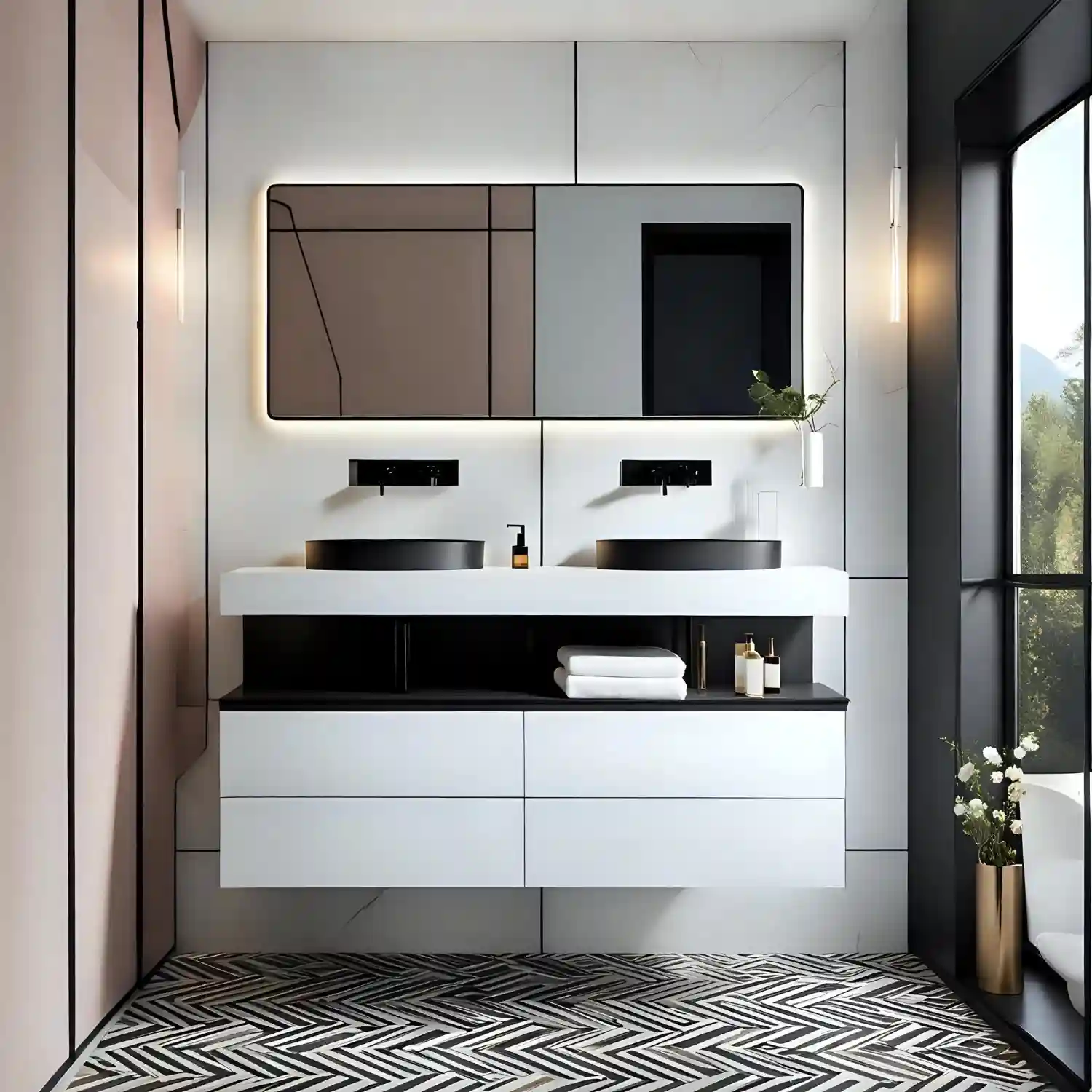Three floating wood shelves stacked vertically above a small bathroom toilet