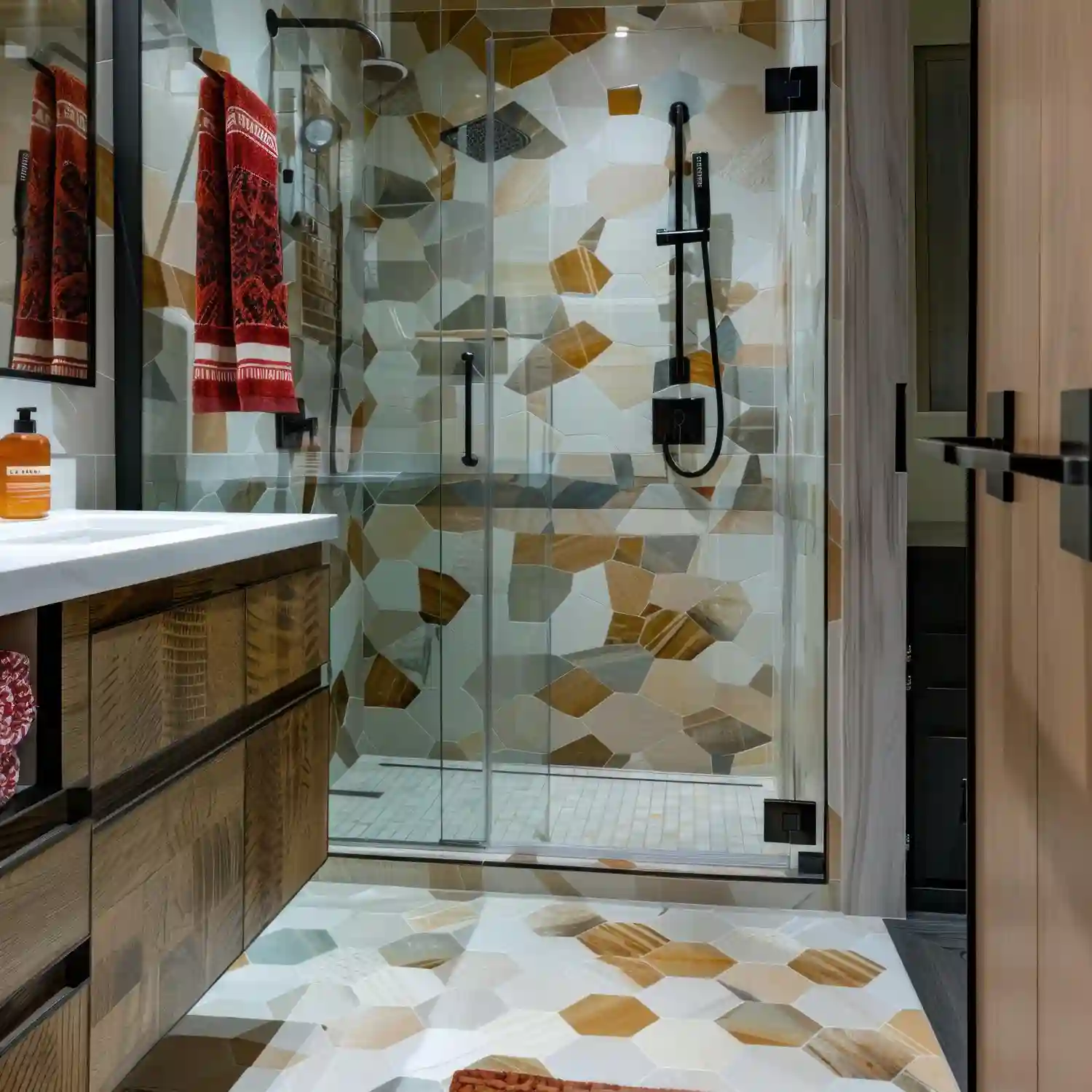 Floor-to-ceiling shower tiled in one limestone-look porcelain wrapping walls and surround