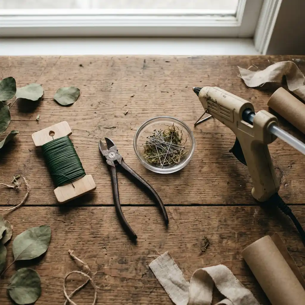 Paddle wire, wire cutters, floral pins, and a glue gun arranged on a craft table