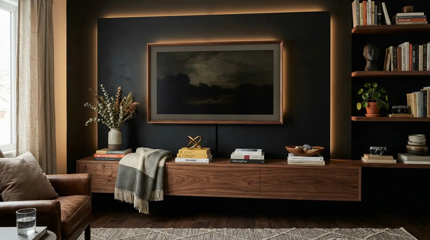Forest green study corner with walnut shelving, leather club chair, and green banker's lamp