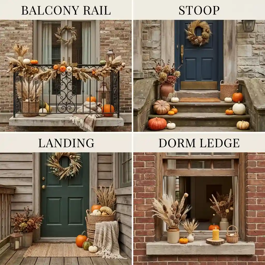 Four small-space fall decor setups shown together: balcony rail, stoop, landing, and dorm ledge