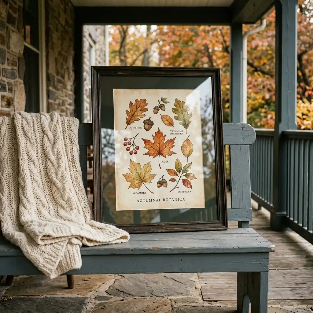 Framed autumn botanical print under glass resting on a covered porch bench with a knit throw