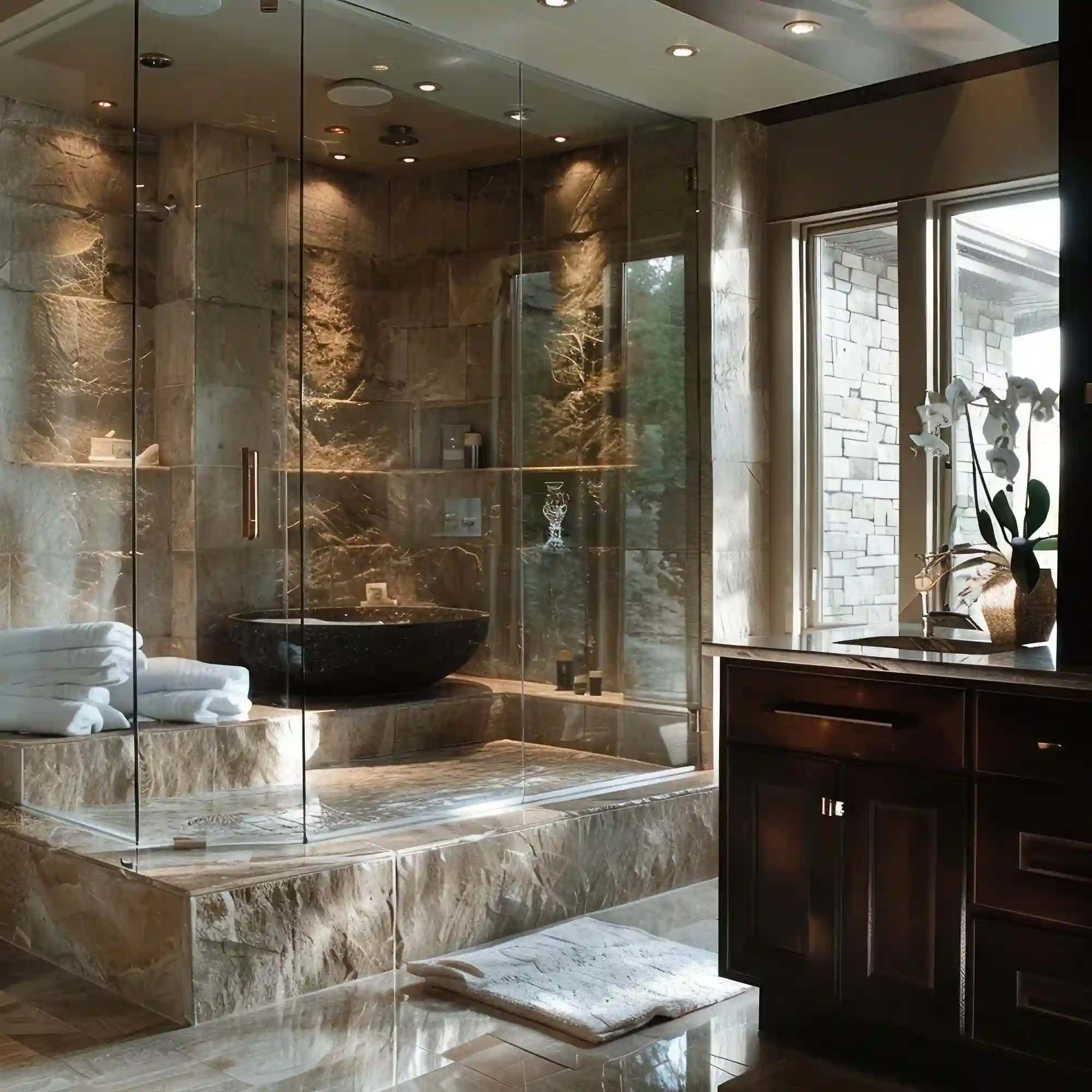 Frameless clear glass shower panel with matte black hardware in a small bathroom