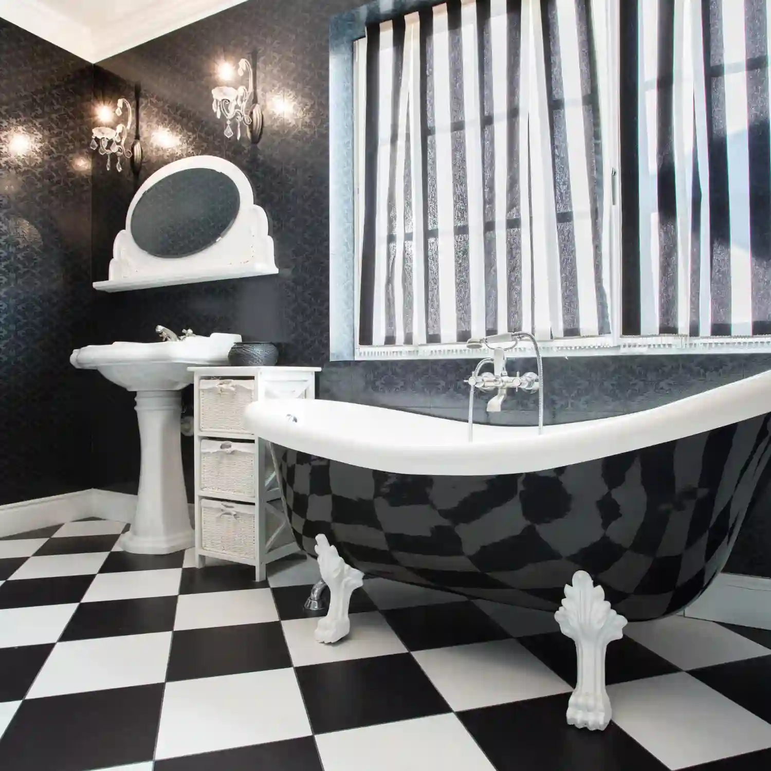 Freestanding oval tub set by a window with a floor-mounted faucet as a bathroom feature piece