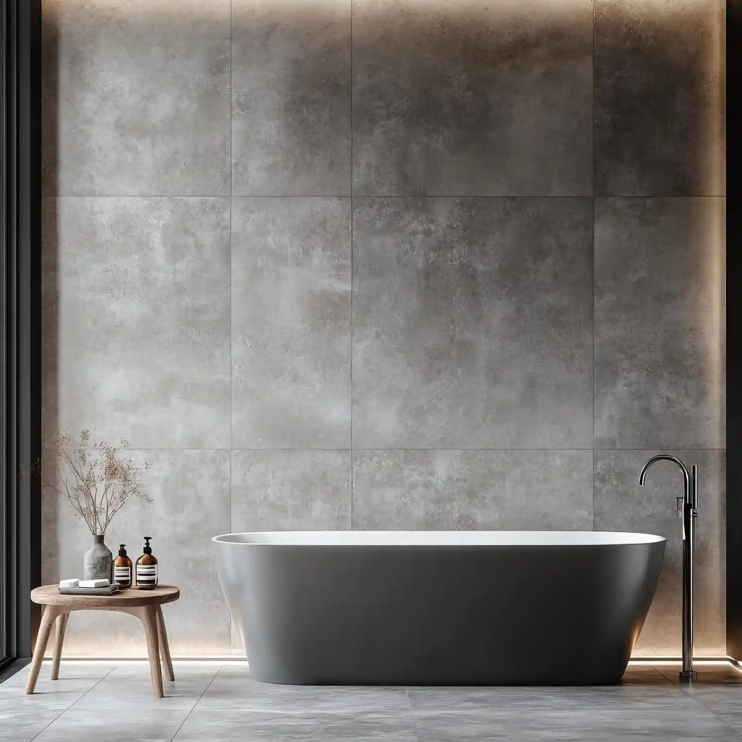 Matte black oval freestanding soaking tub with a brass floor-mounted filler in a neutral bathroom