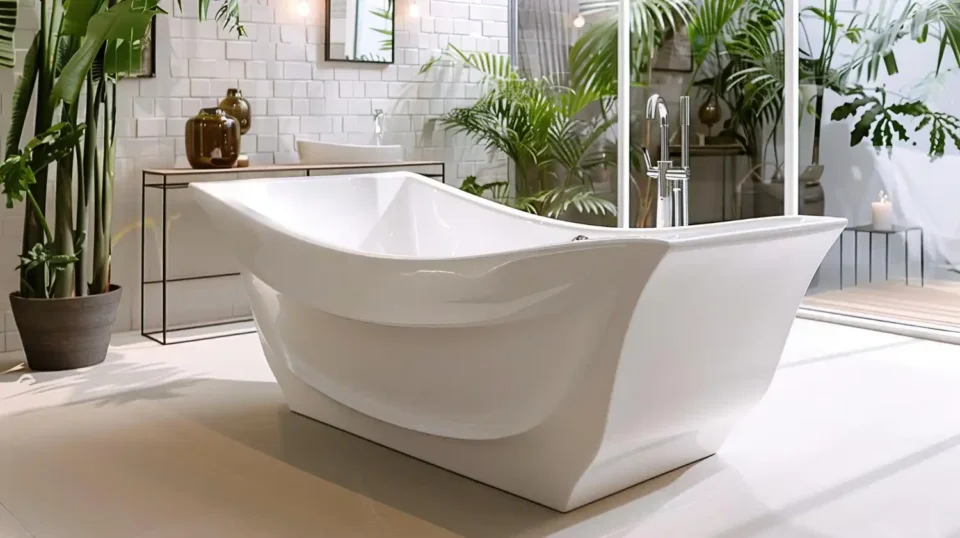 Modern bathroom with an oval freestanding soaking tub, brass floor filler, and large window light