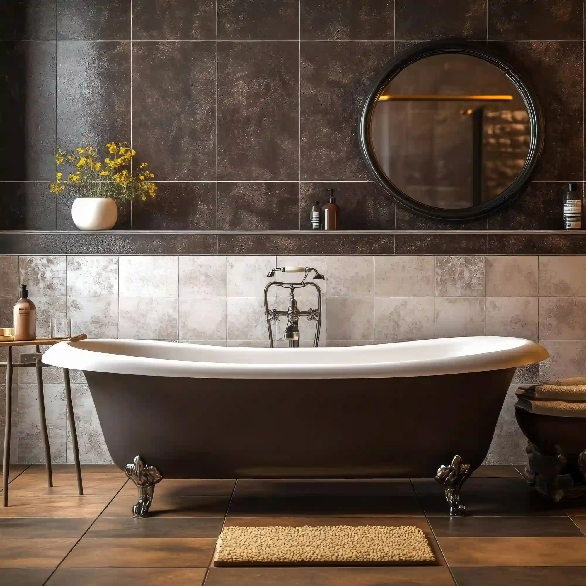 Freestanding oval soaking tub beside a window with warm natural light in a spa bathroom