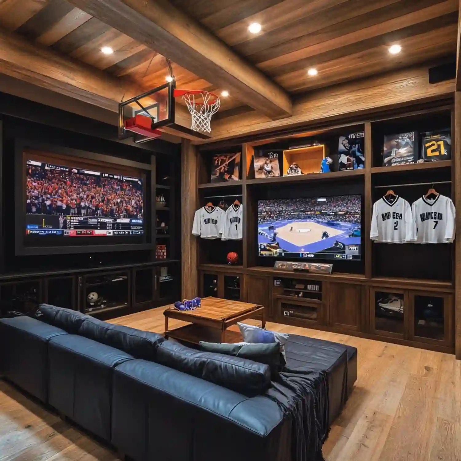 Organized media room with clear walkway, scaled sofa, closed console, two lamps, and one edited jersey display