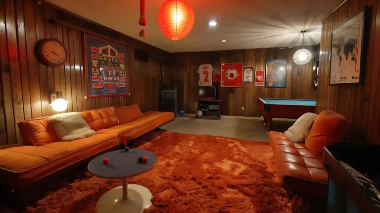 Finished game room man cave with a walnut pool table, cognac leather seating, and a warm brass pendant light