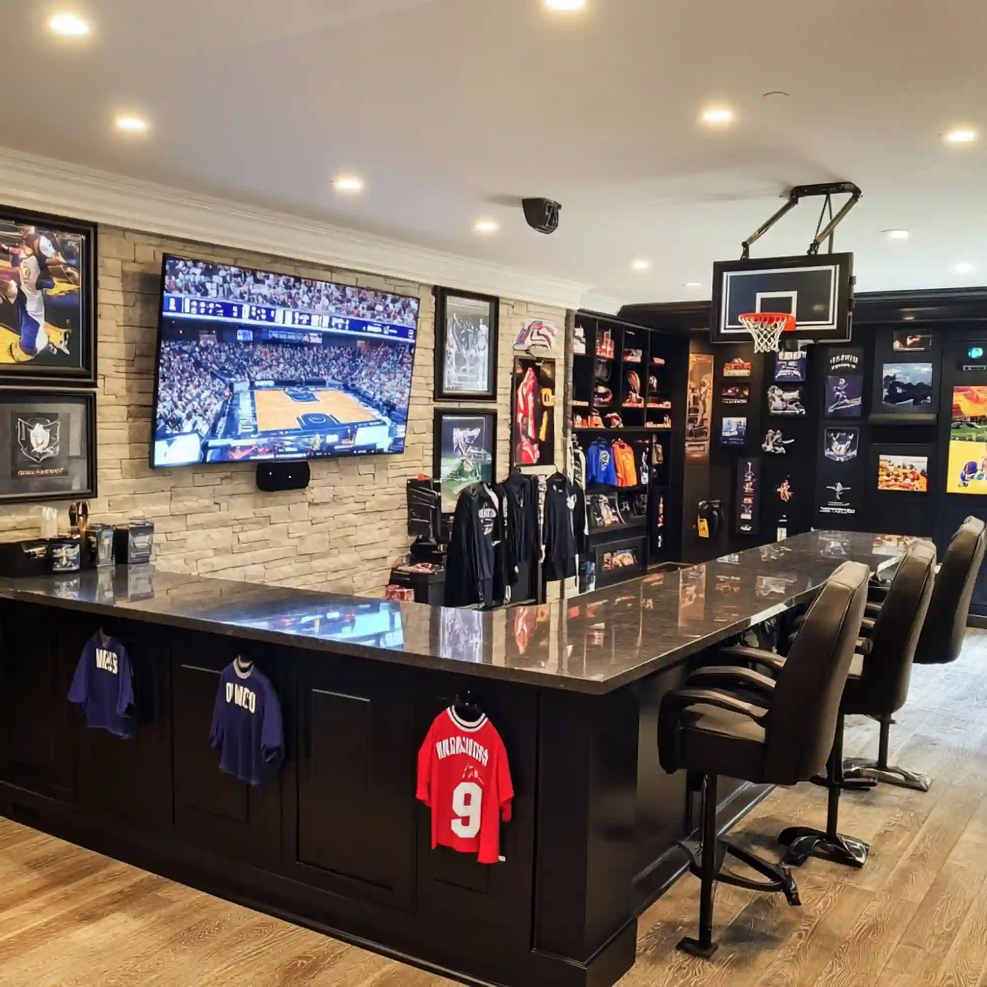 Garage game room man cave with a pool table centered under a pendant light and cognac leather stools