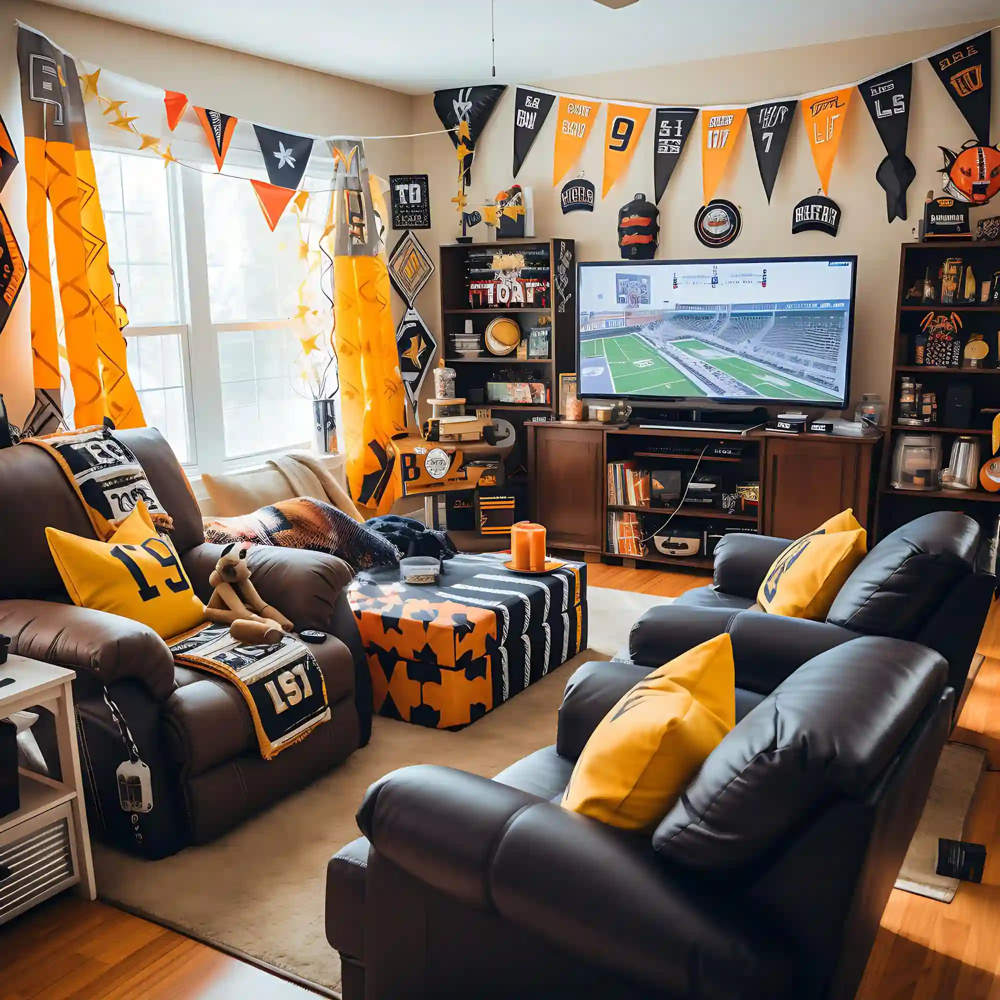 Overview of a game room man cave with a pool table, poker corner, and arcade cabinet zoned across one open room