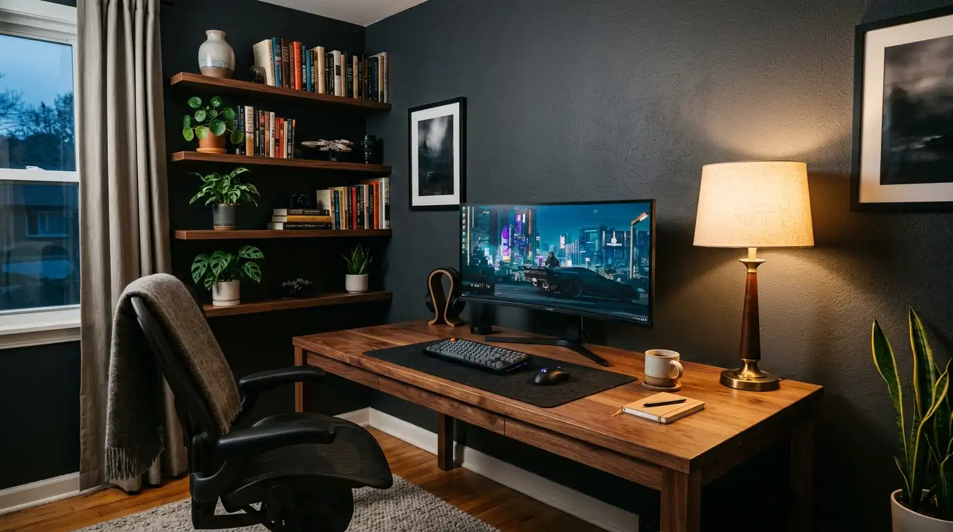 Warm gaming man cave with walnut desk, matte charcoal wall, ultrawide monitor, and soft lamp glow