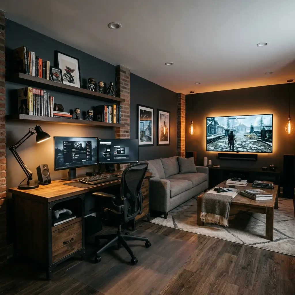 Deep olive green gaming lounge with leather sofa, mounted screen, and a warm floor lamp in the corner
