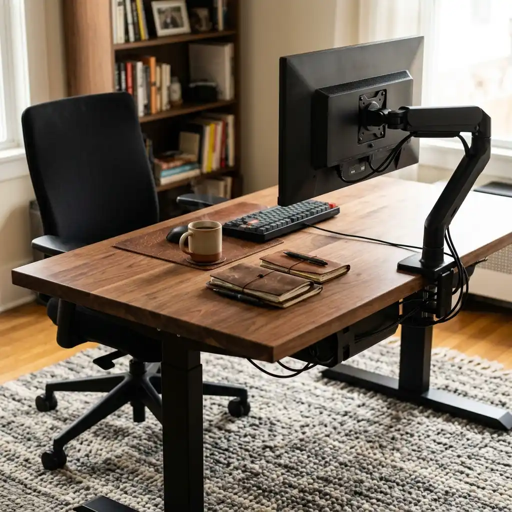 Gaming man cave ideas shown as a two-zone room with a desk on one side and a couch facing a mounted TV