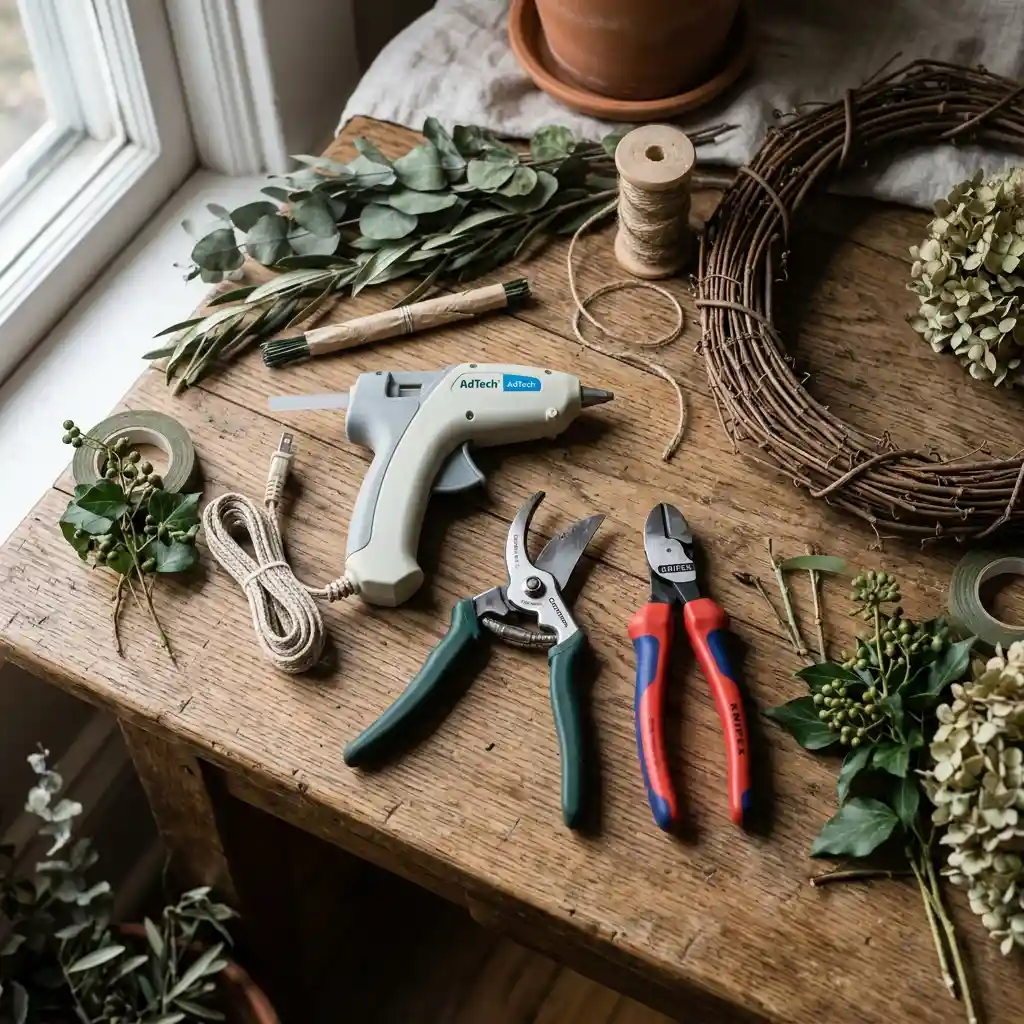 Low-temperature glue gun, wire cutters, and floral shears laid out as wreath-building tools