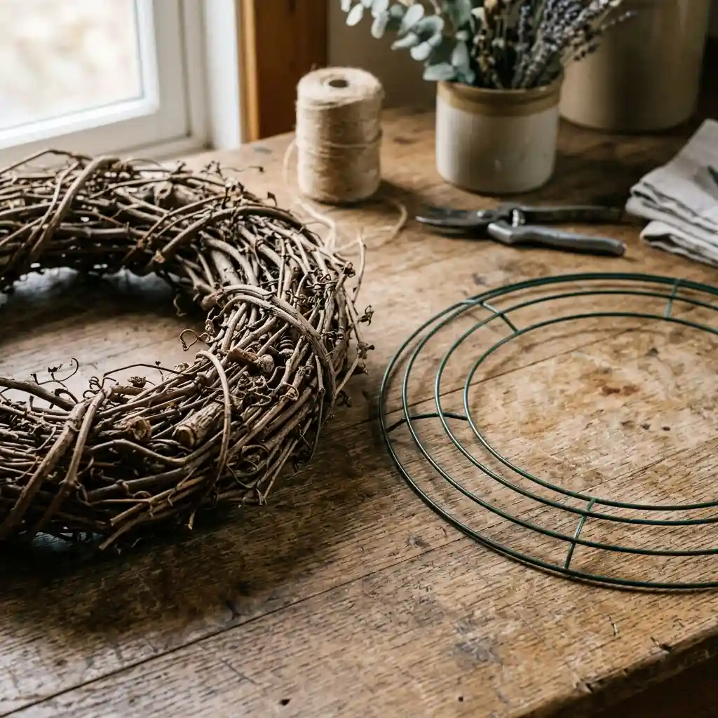Close-up of a tangled grapevine wreath base beside an open wire wreath frame