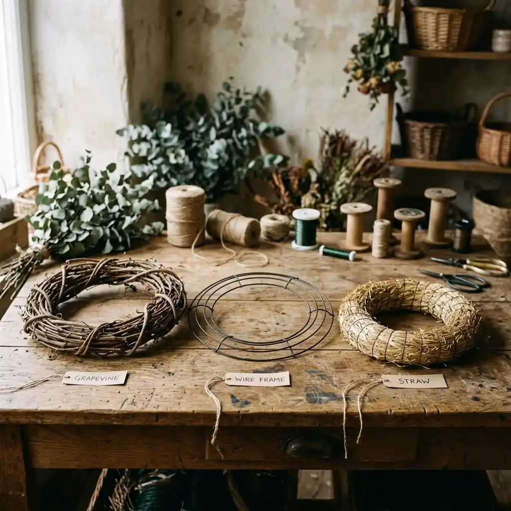 Three wreath base types side by side, grapevine, wire frame, and straw, on a workbench