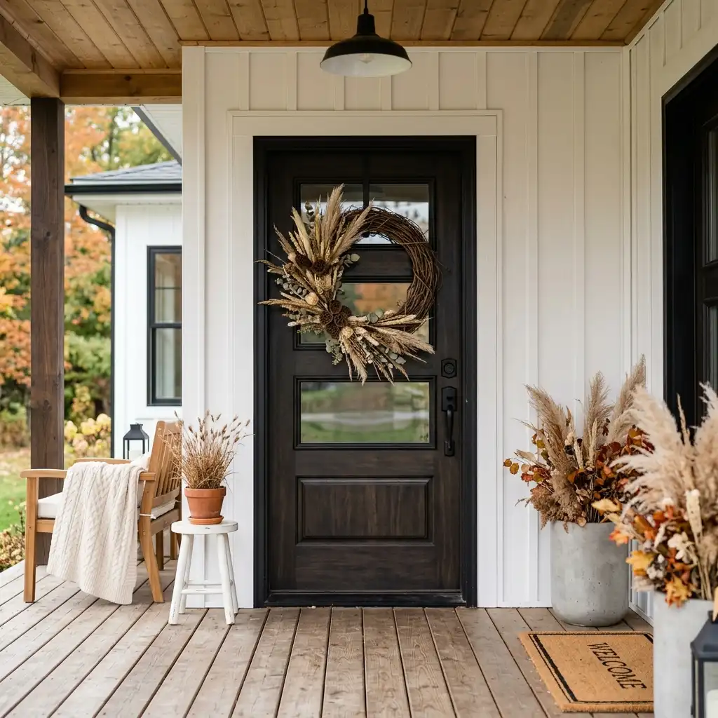 Modern farmhouse porch styled with a bare grapevine wreath and neutral dried stems