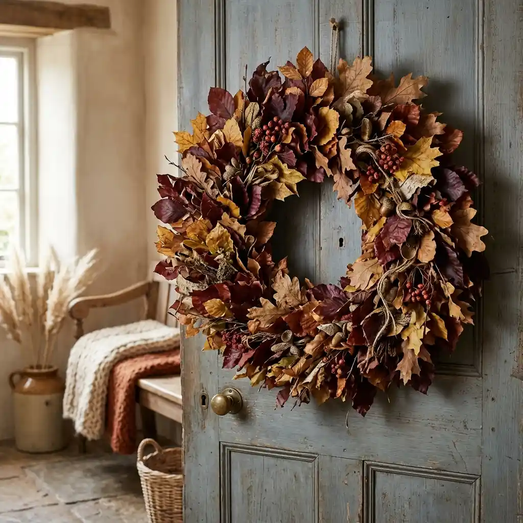 Grapevine wreath on a rustic coastal-style front door with weathered wood tones