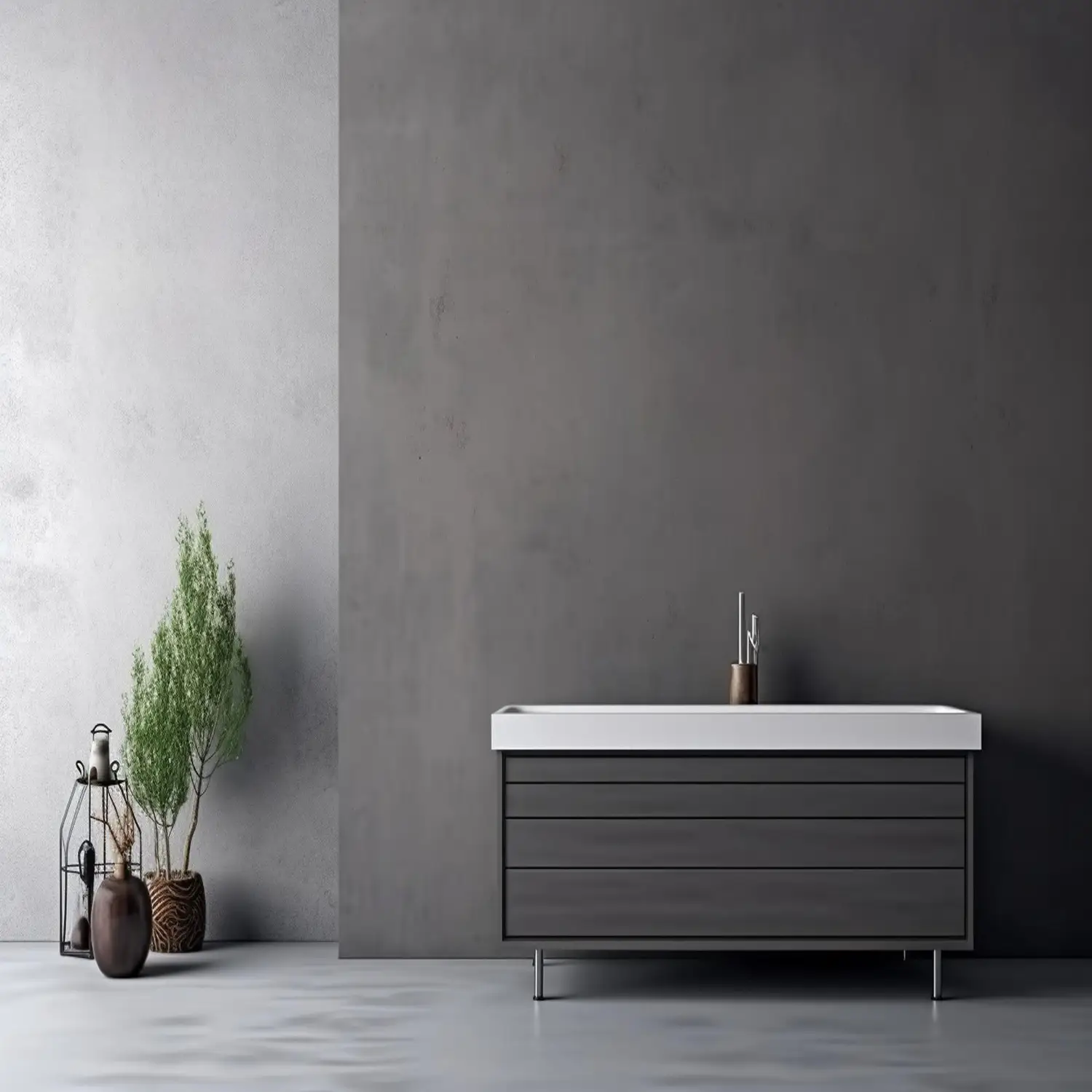 Cool blue-gray and warm greige-gray paint swatches held against a bathroom wall