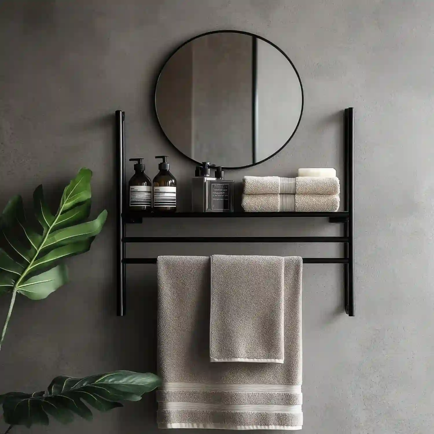 Gray bathroom ideas styled with a wood stool, brass ring, plant, and warm light together