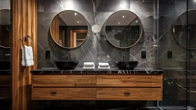 Dark charcoal marble bathroom with a warm wood floating vanity, twin black vessel basins, and round brass-rimmed mirrors