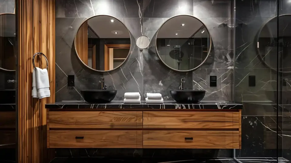 Dark charcoal marble bathroom with a warm wood floating vanity, twin black vessel basins, and round brass-rimmed mirrors