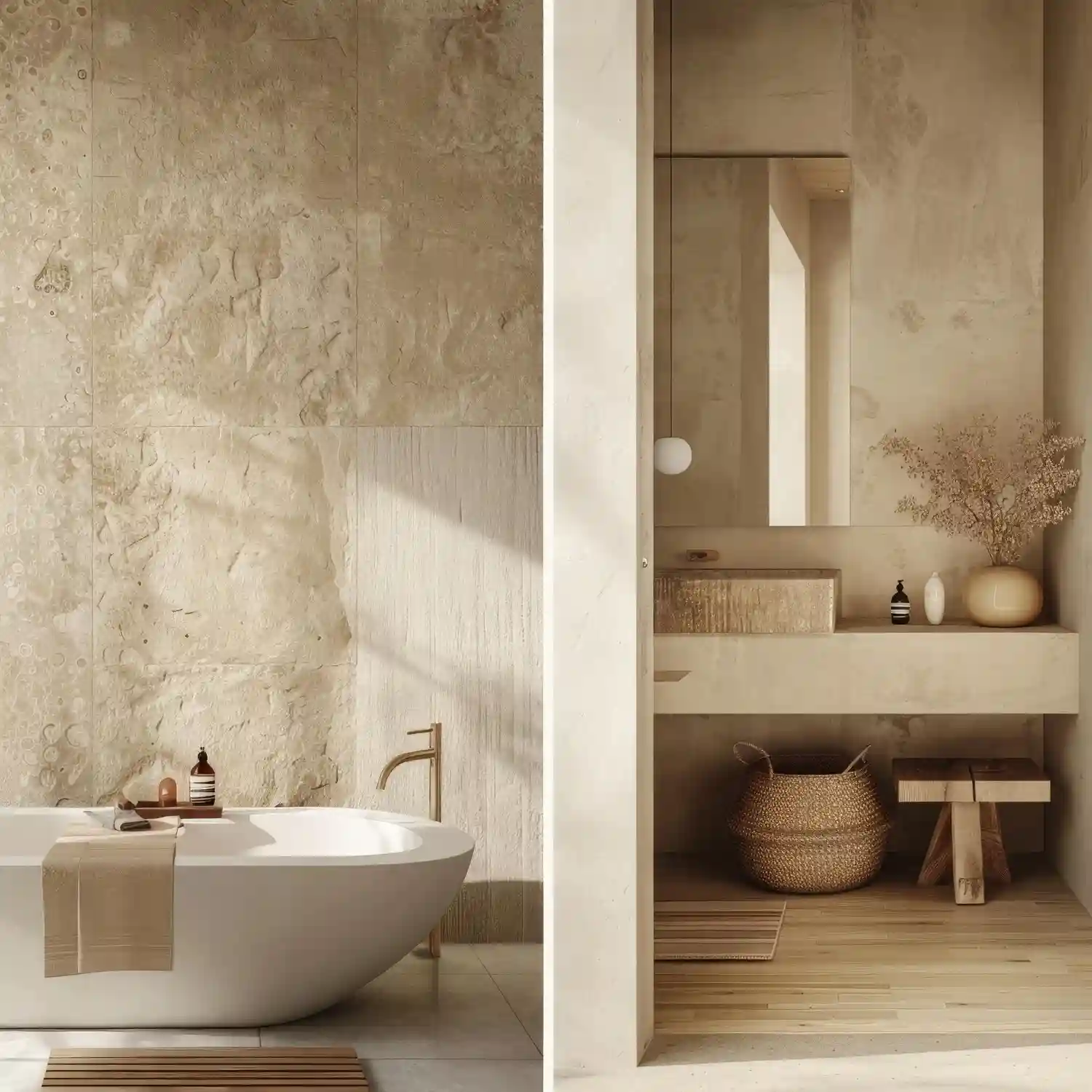 Bathroom with warm greige painted walls, cream tile, and natural light showing a soft beige undertone