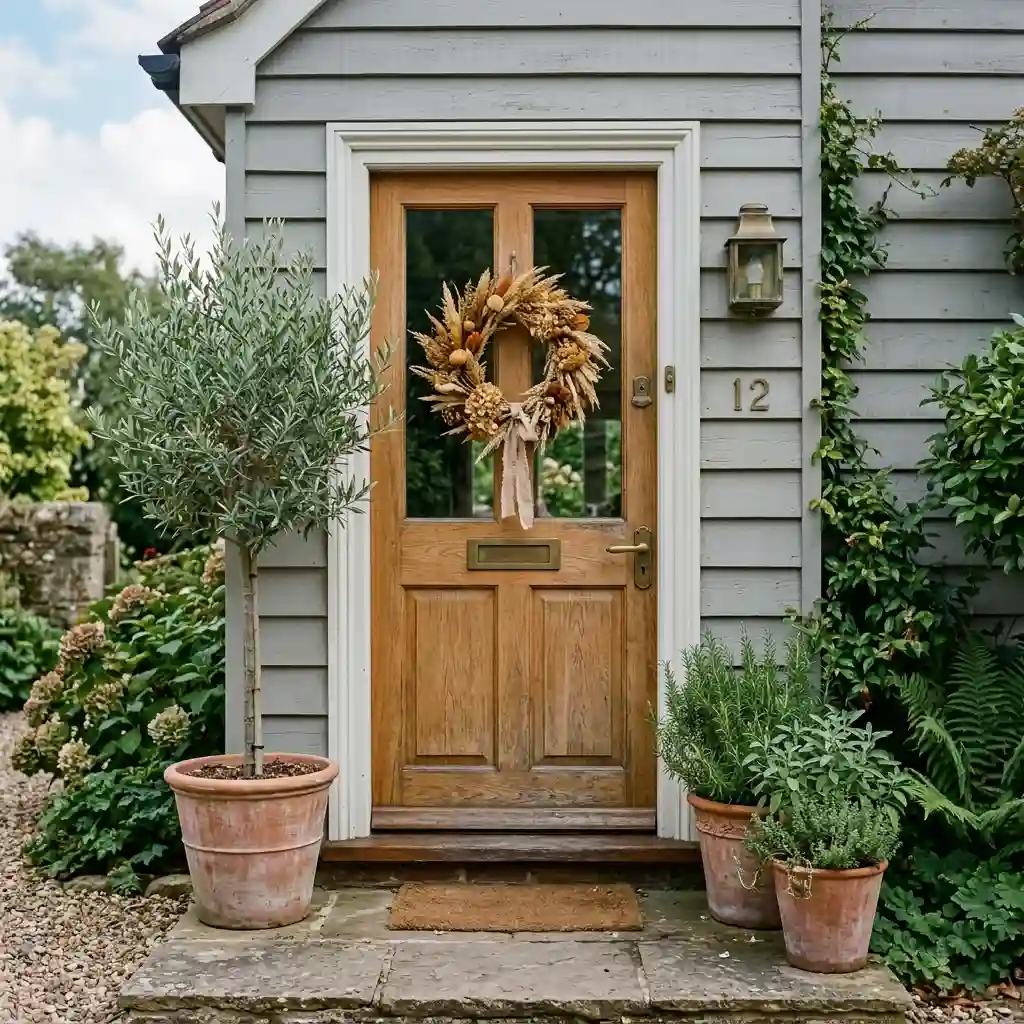 Grey siding entry warmed by terracotta planters, an ochre dried wreath and brass hardware