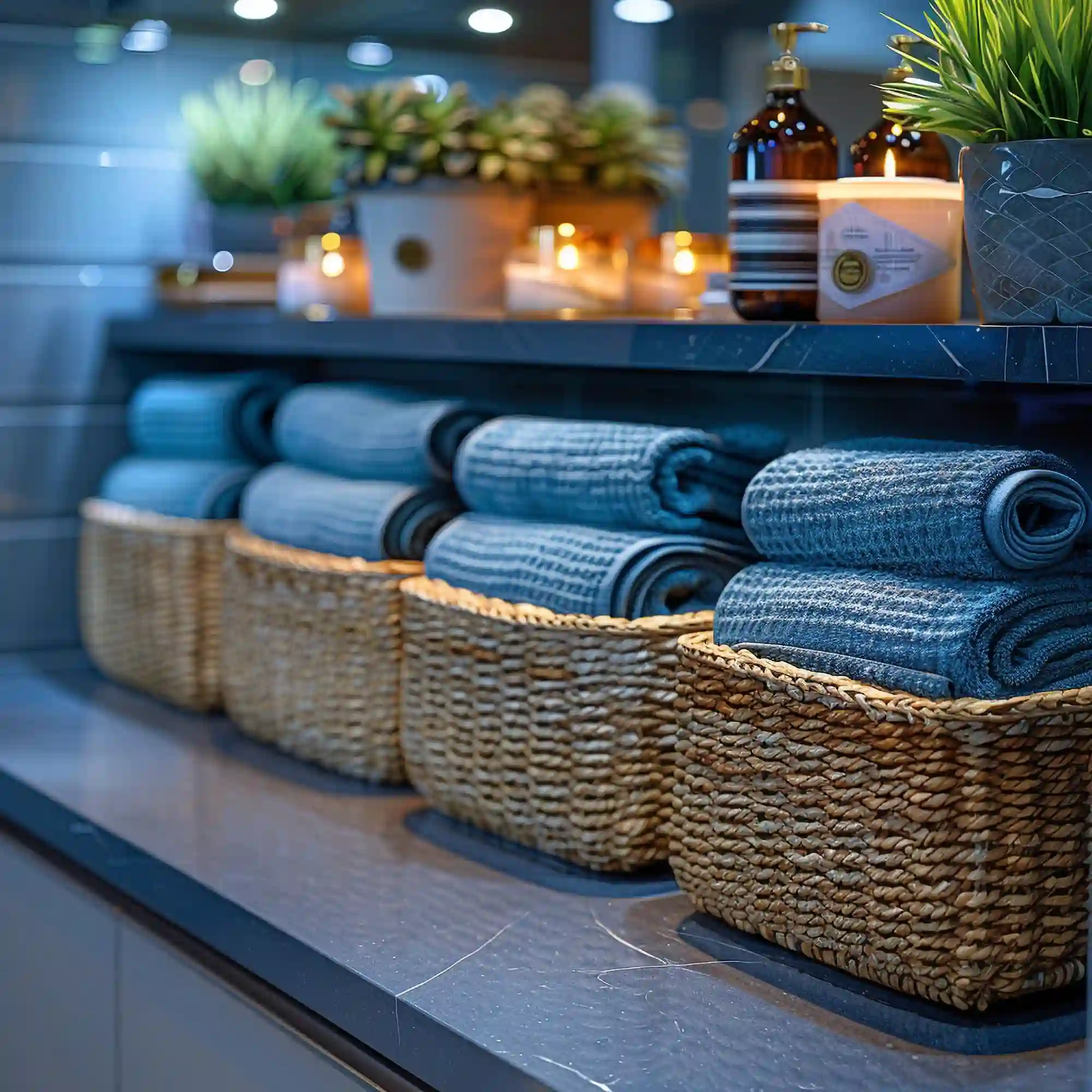 Flat lay of guest bathroom essentials including folded towels, a toiletry basket, and a small notepad checklist