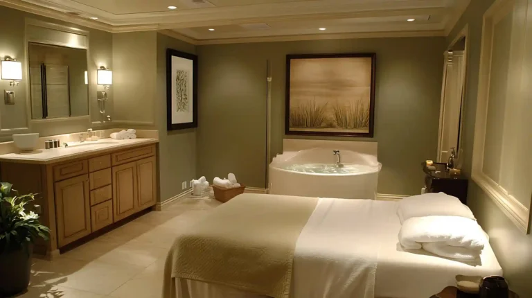 A welcoming small bathroom set up for overnight guests with rolled white towels, brass hardware, and warm lamp light
