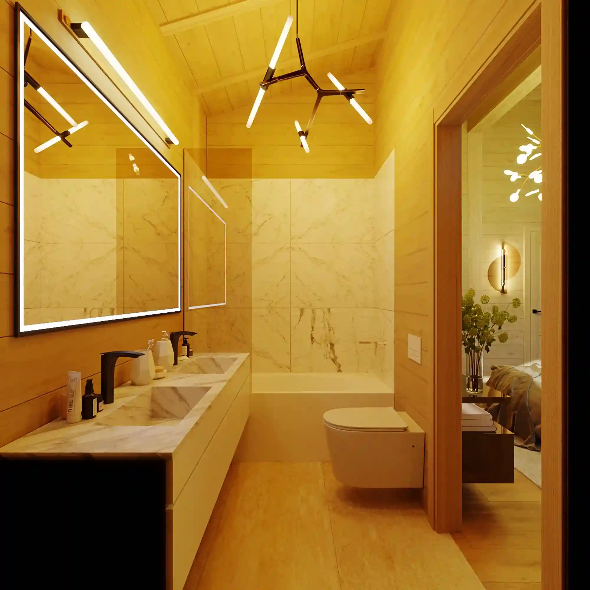 Hotel-style bathroom vignette with rolled towels, a brass tray, and soft warm lighting near the mirror