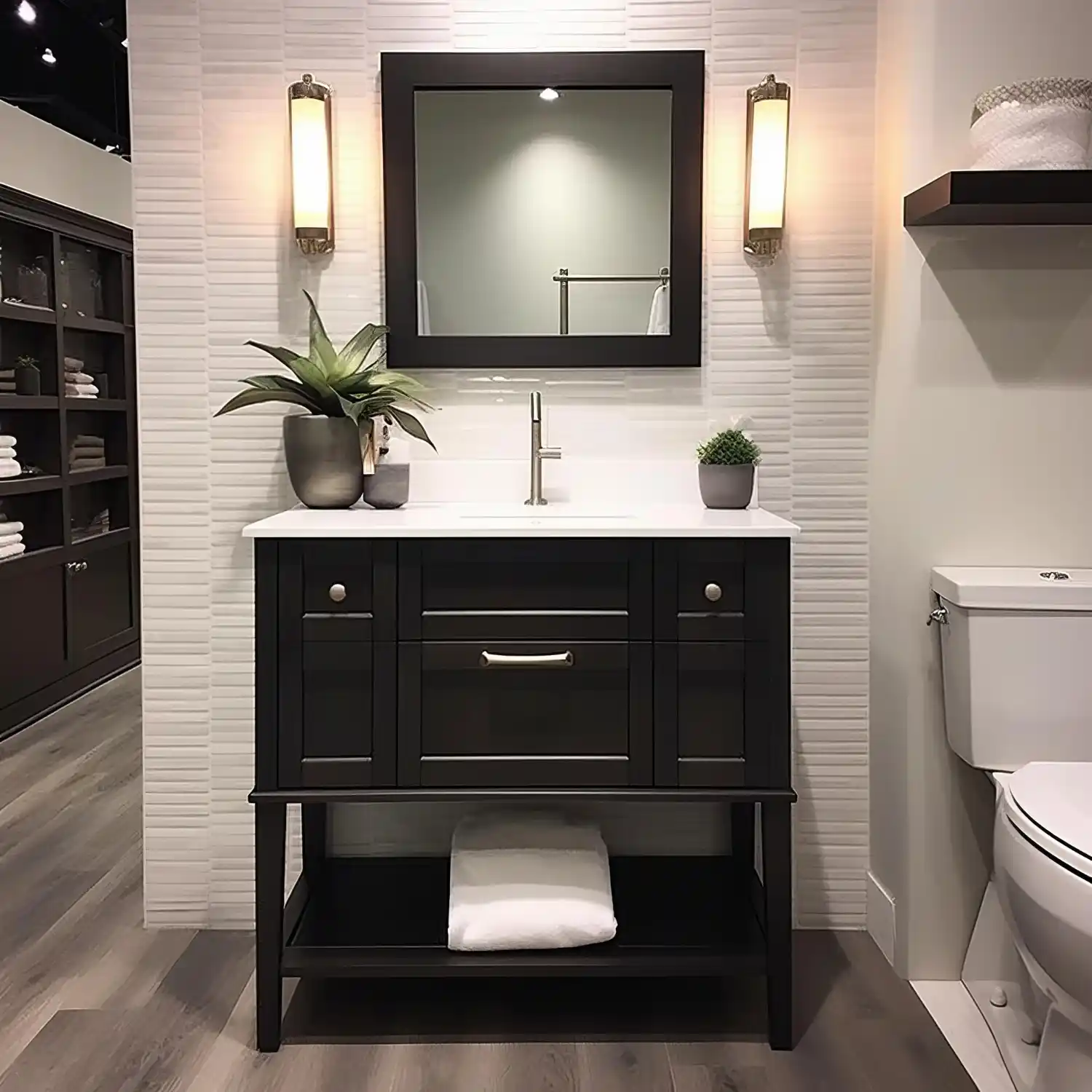 Half bathroom ideas shown in a small guest powder room with pedestal sink and statement mirror