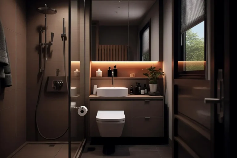 Compact moody half bathroom in warm brown tones with a wall-hung toilet, round vessel sink and soft LED shelf lighting