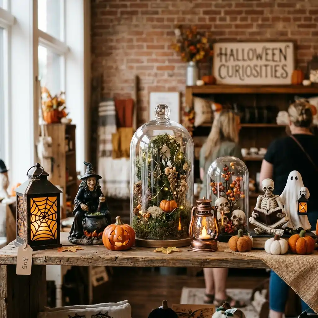 Halloween curiosities shop display with a witch figurine, glass cloches, a jack-o-lantern, ghost figure and lanterns arranged on a market table