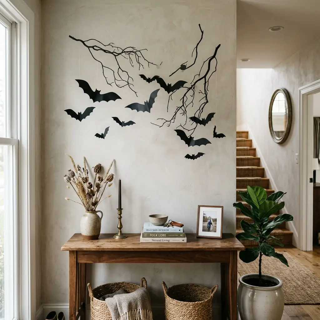 Paper bats and bare branches arranged on the wall above an entry console at head height, with dried seed heads in a jug, a brass candlestick and stacked books