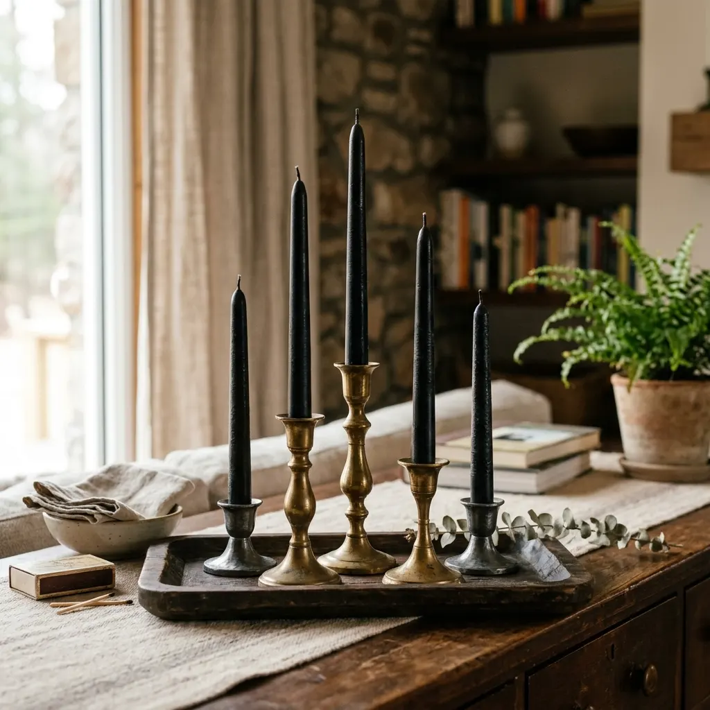 Cluster of five black tapers at stepped heights in brass and pewter holders on a dark wooden tray