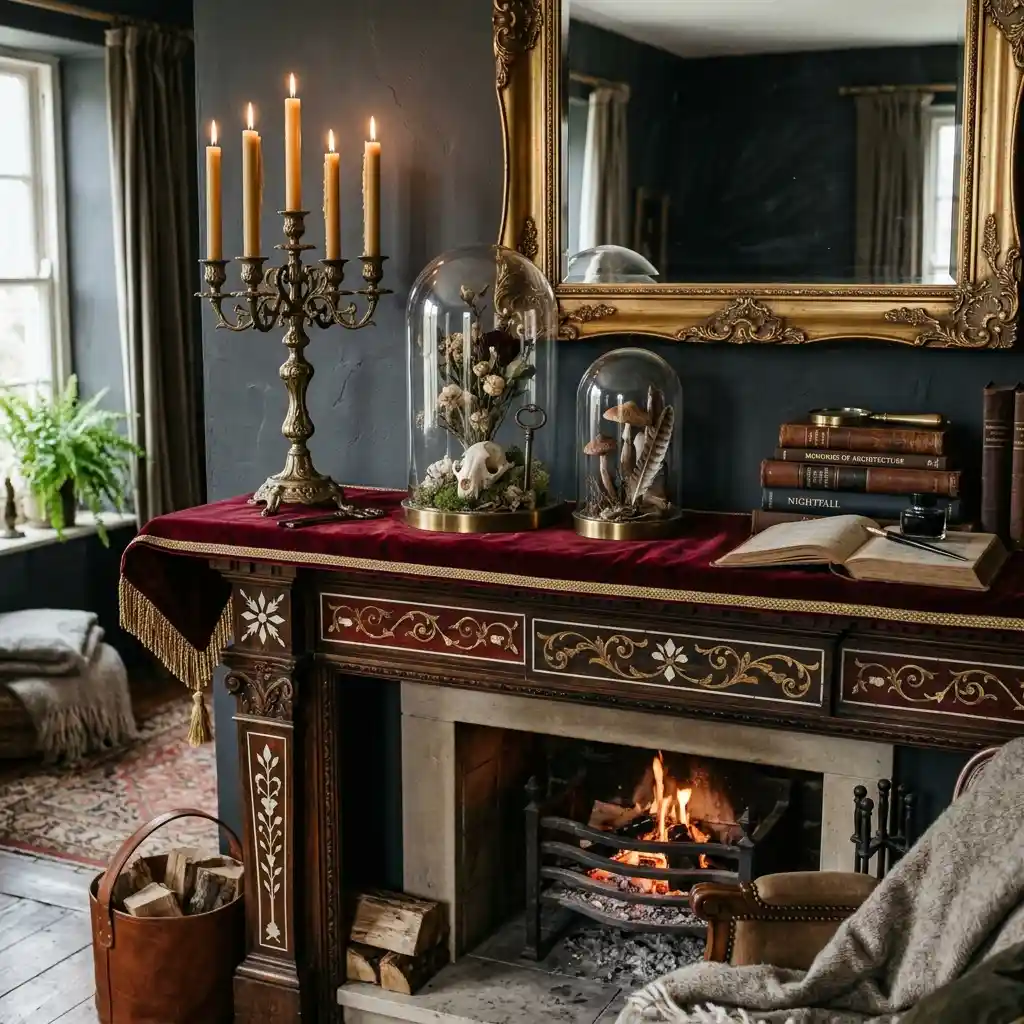 Elegant gothic Halloween mantel in bone, oxblood and antique gold with a velvet runner, brass candelabra, glass cloches over a skull and dried botanicals, and a lit fire below