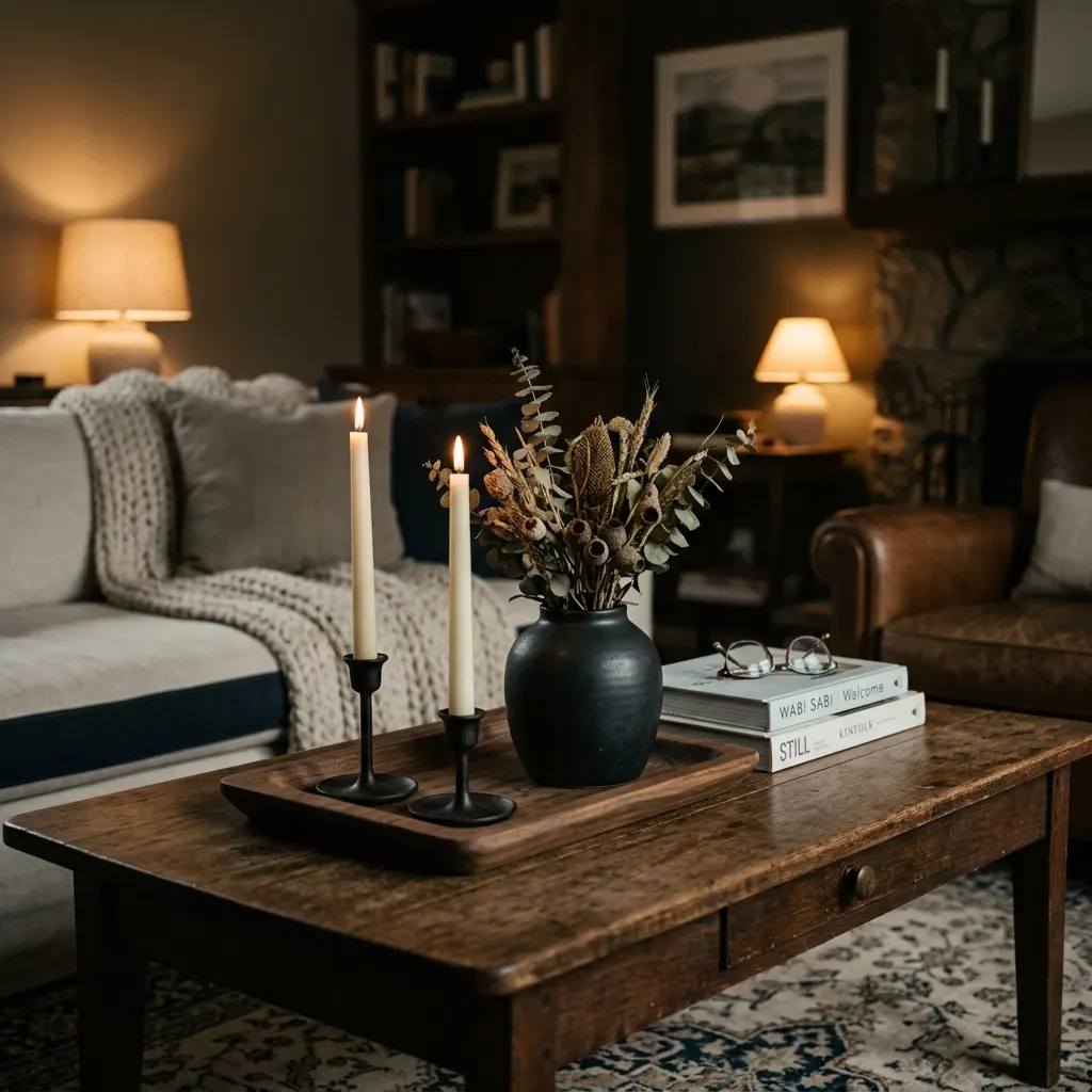 Entry console with a single tall black urn of bare branches reaching eye level and clear floor space below