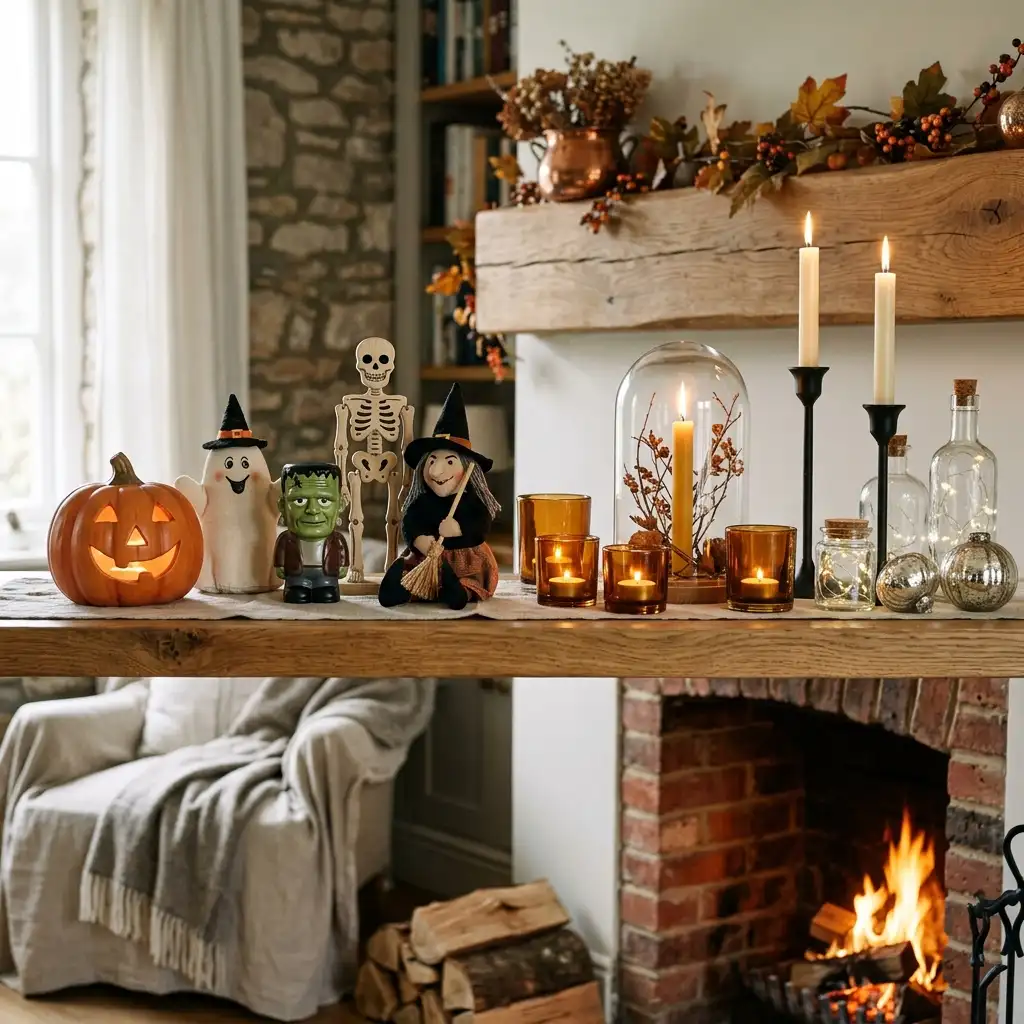 Halloween objects sorted into two groups, characters with faces on one side and candles and glass on the other