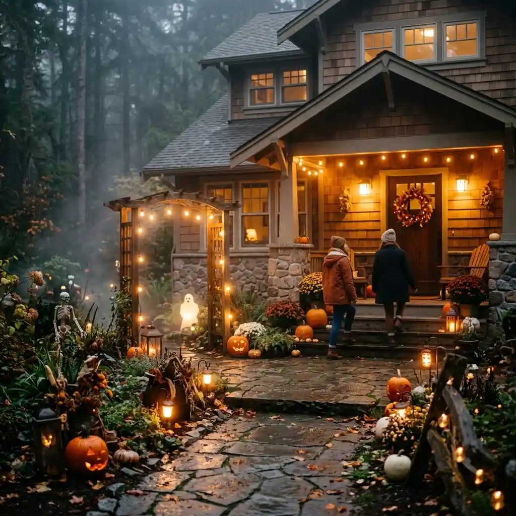 Visitors walking up a lantern-lit stone path in evening mist toward a decorated porch with a lit arbor, ghost figure and skeleton