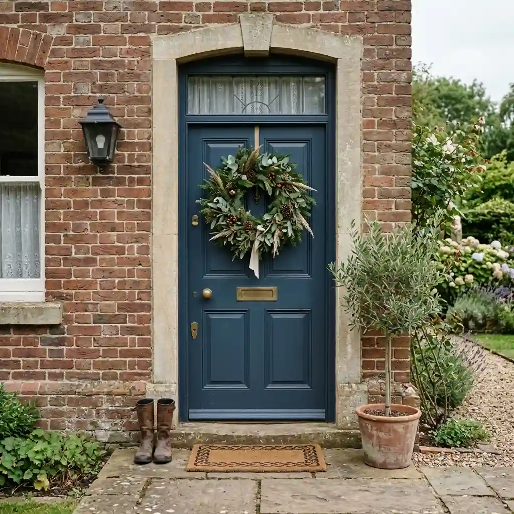Natural textured wreath of eucalyptus, dried grasses and berries on a deep blue cottage front door