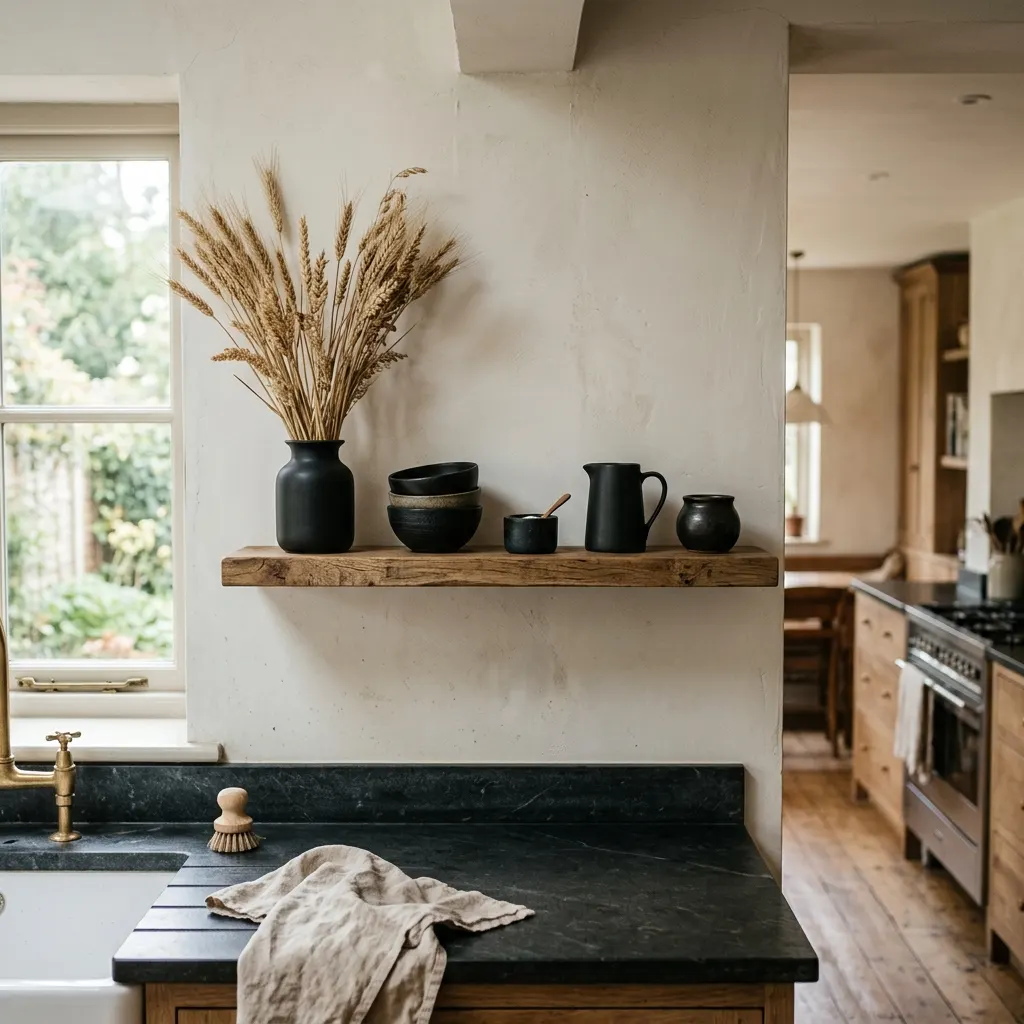 Kitchen open shelf at the edge of the room with small black ceramics and dried wheat, work surfaces left clear