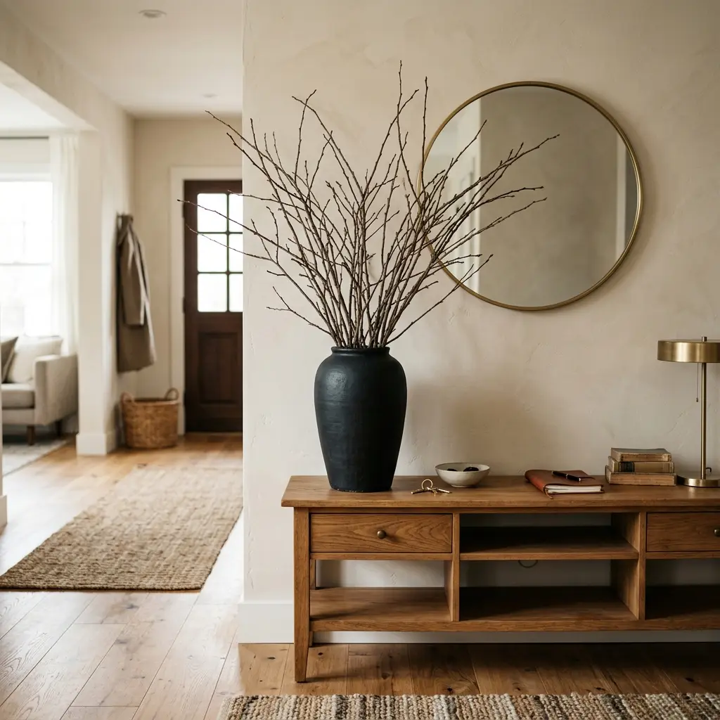 Living room coffee table tray with two battery tapers and a dark vessel, lit only by two side lamps