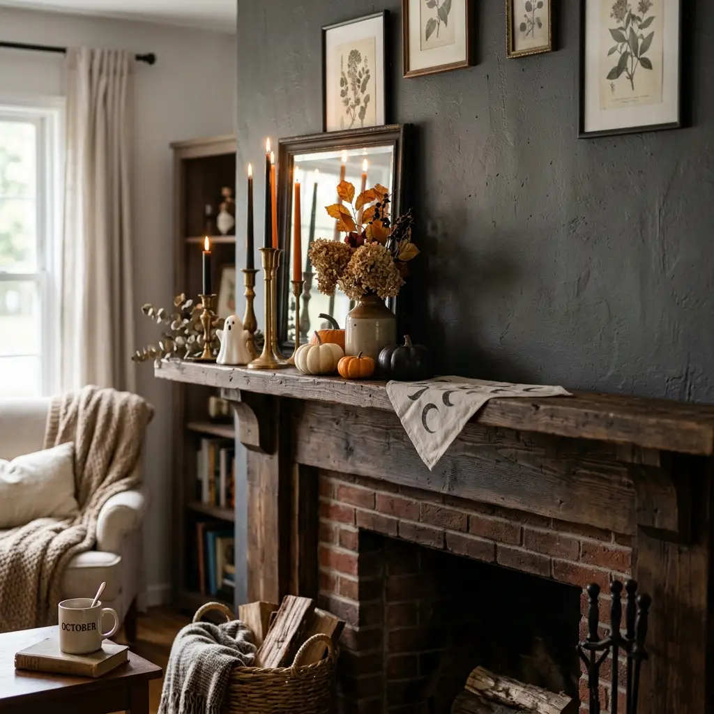 Halloween mantel decor with the tallest piece set a third in from one end and a third of the shelf left empty