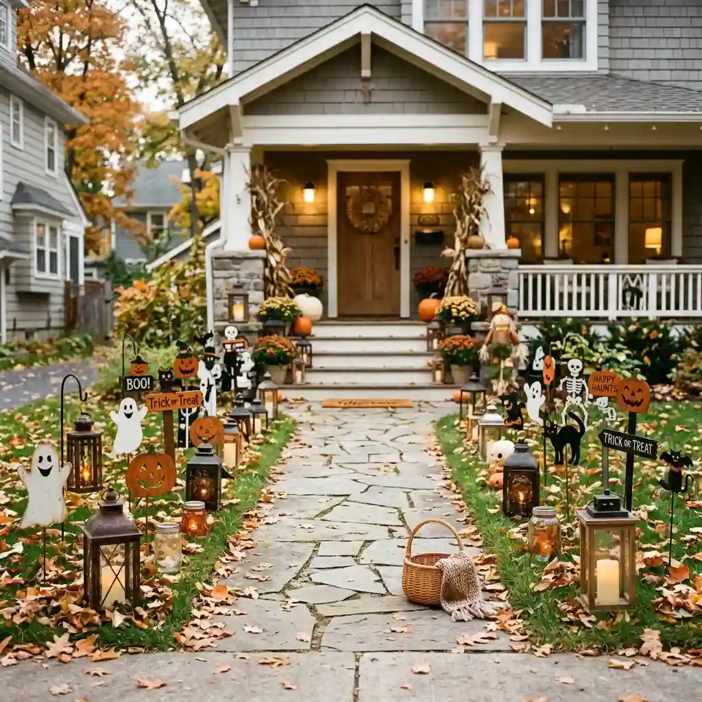 Front path crowded with assorted mismatched Halloween stakes, signs, lanterns and small figures between the curb and the steps