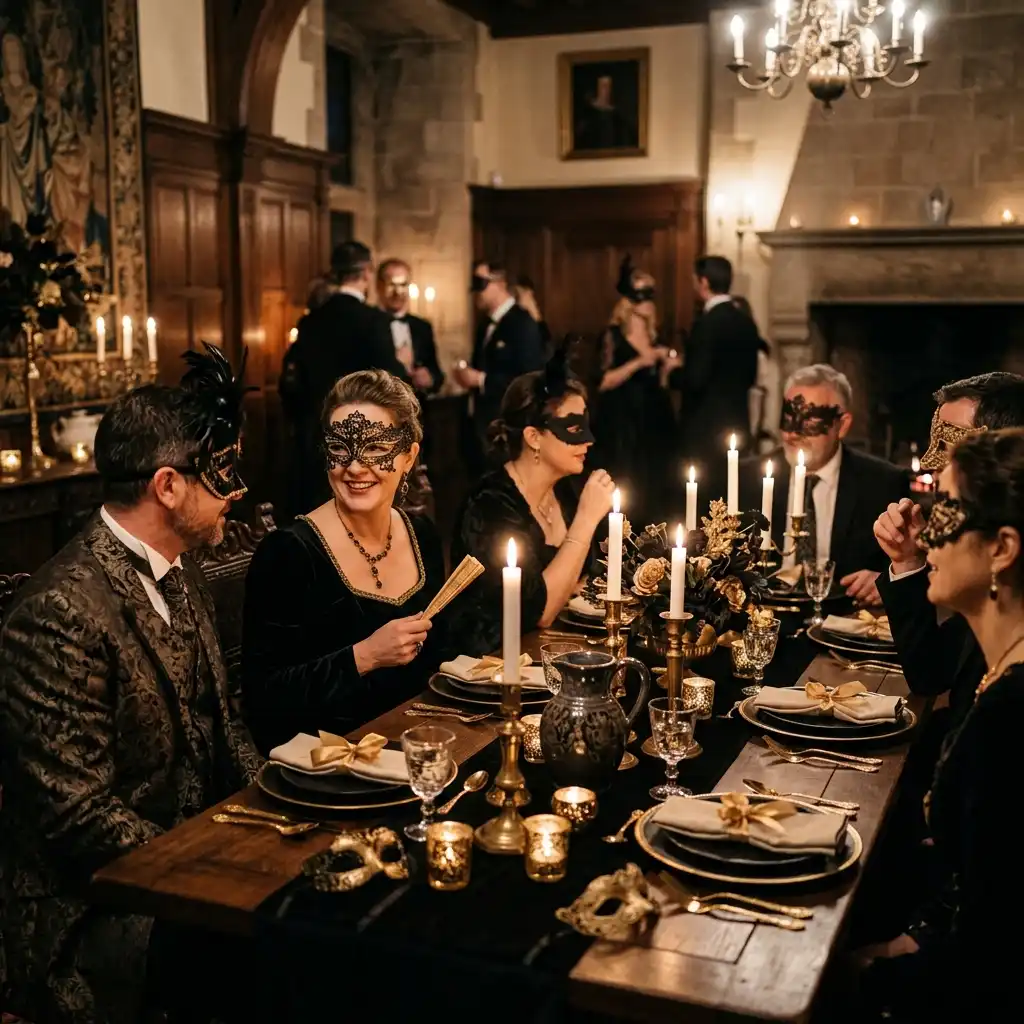 Adults in dark costumes at a candlelit masquerade-style gathering with black and gold table styling
