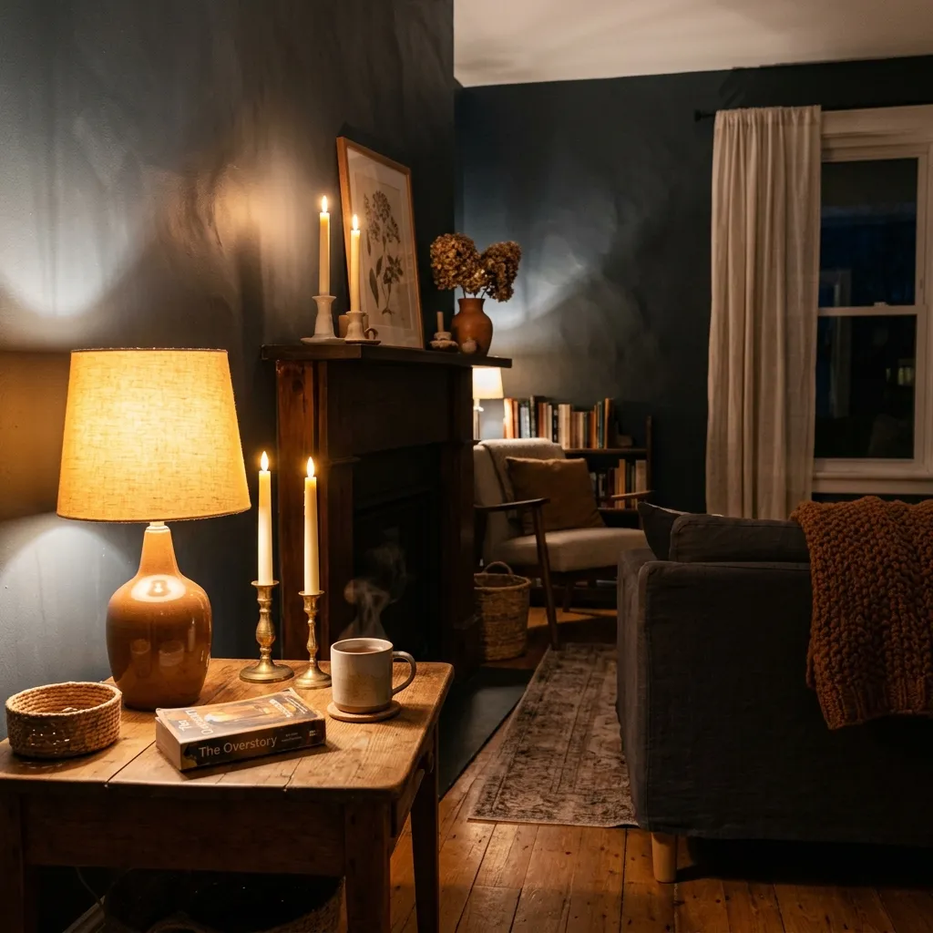 Warm amber lamp and battery taper candles lighting a darkened room with soft shadows on the wall